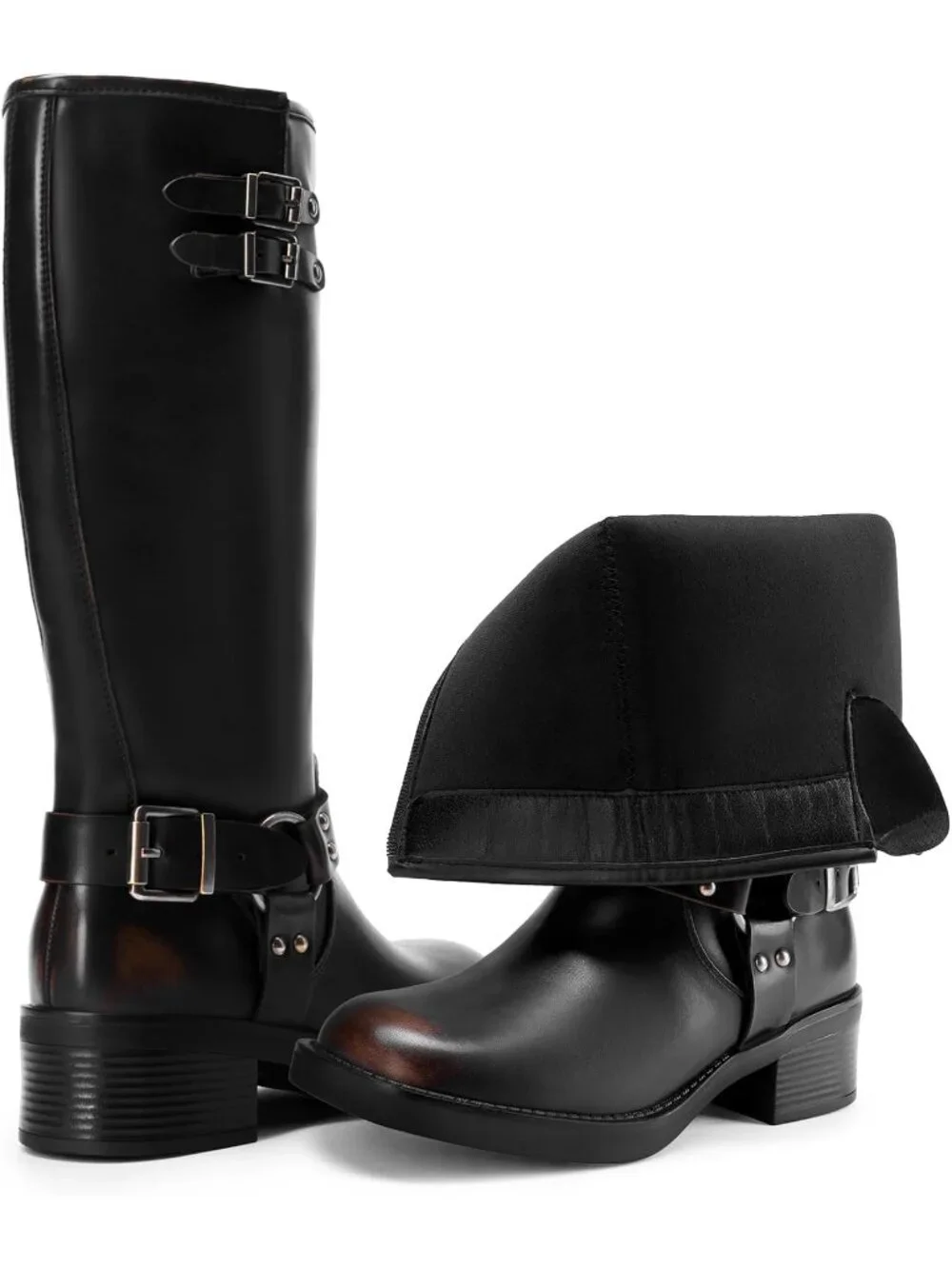 Women's Brown Leather Adjustable Buckles Side Zipper Moto Knee High Tall Boots